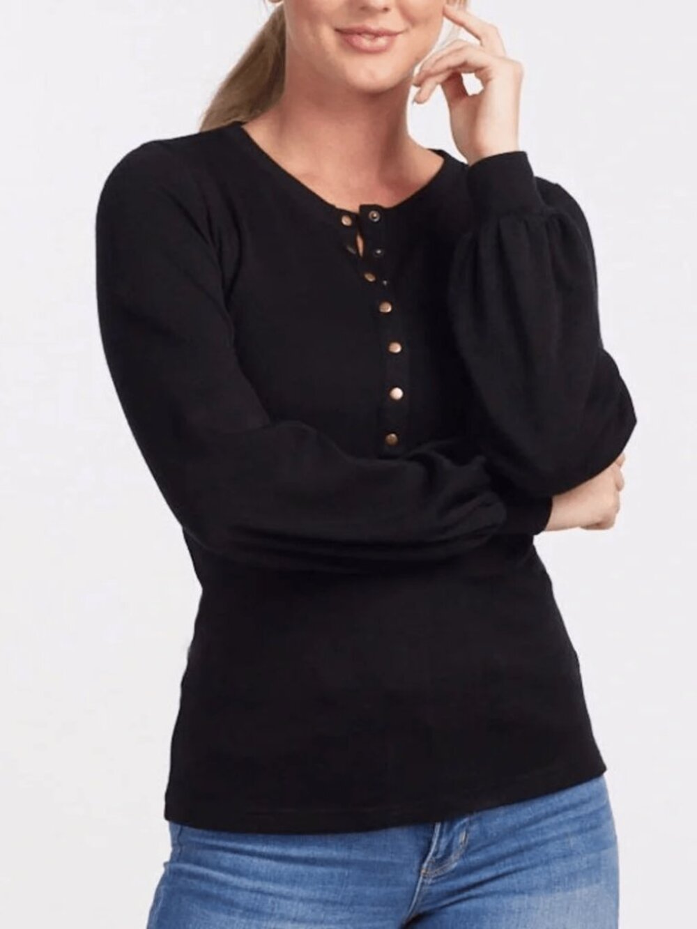 Woolx Charlotte Puff Sleeve Henley Top Black 100% Merino Wool Women’s Small